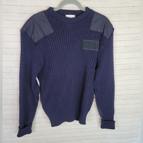 THE WOOLY PULLY MILITARY STYLE 100% WOOL SHOULDER PATCH SWEATER NAVY, SZ LARGE - Picture 1 of 9